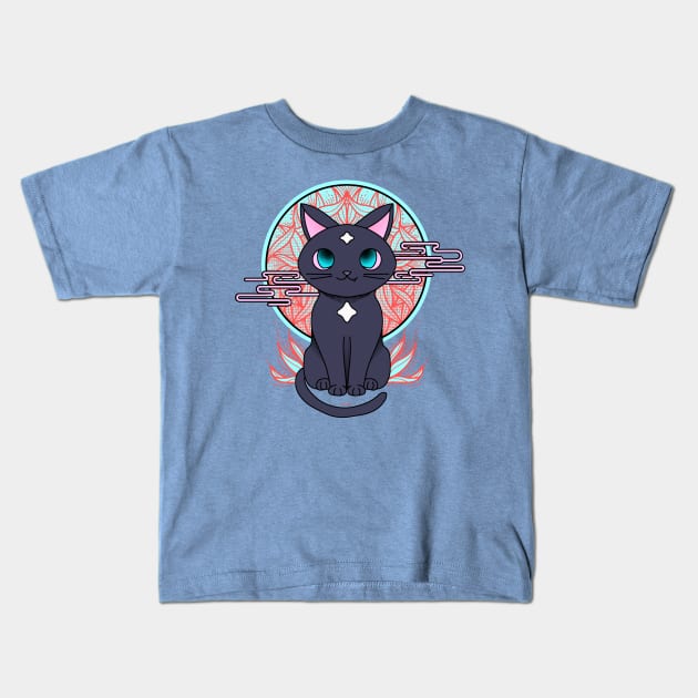 Cute anime black cat illustration with white stars. Cyberpunk manga cat. Kids T-Shirt by ChrisiMM